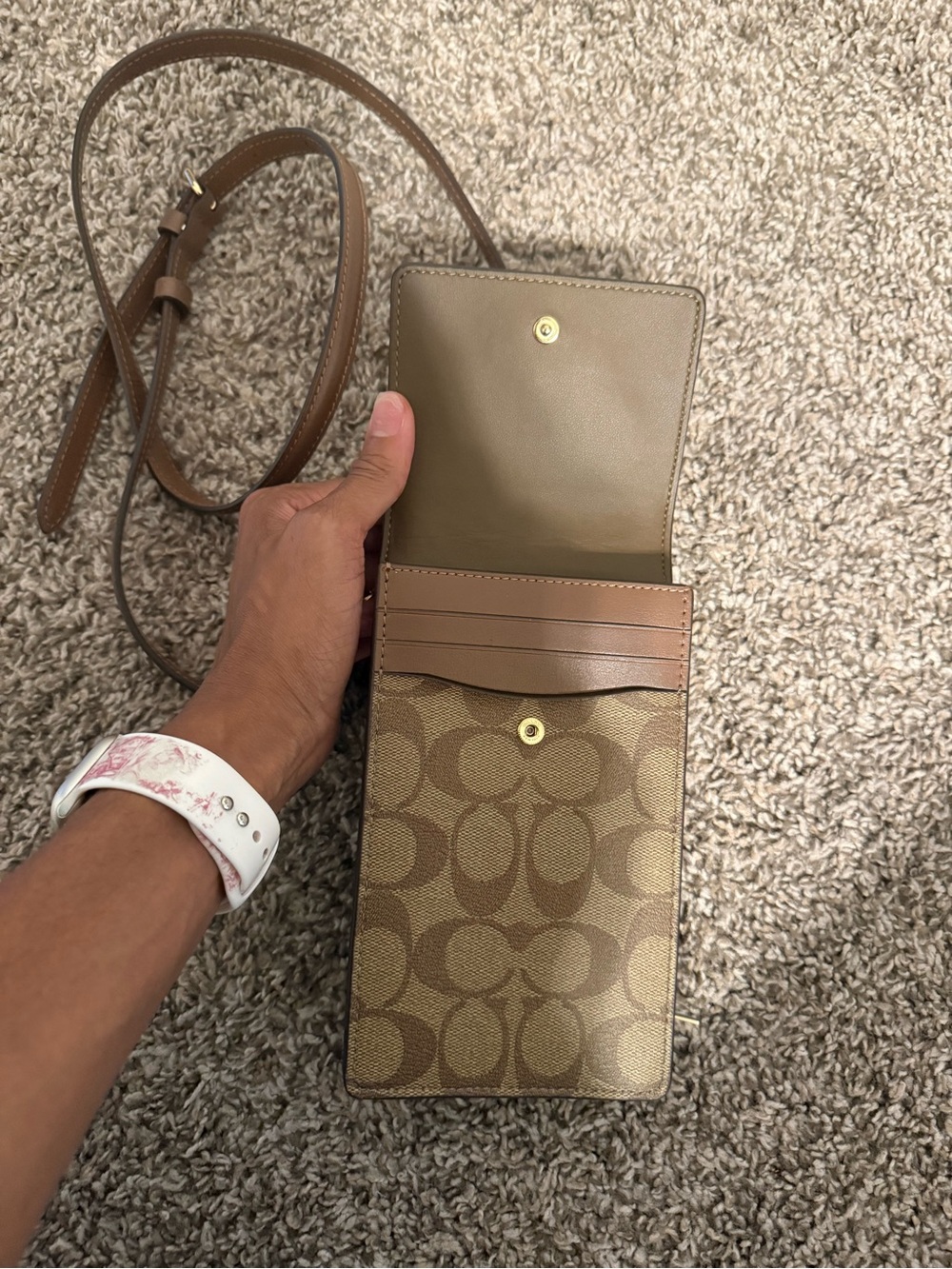 Coach Brown Signature Monogram Crossbody Phone Pouch - Picture 5 of 10